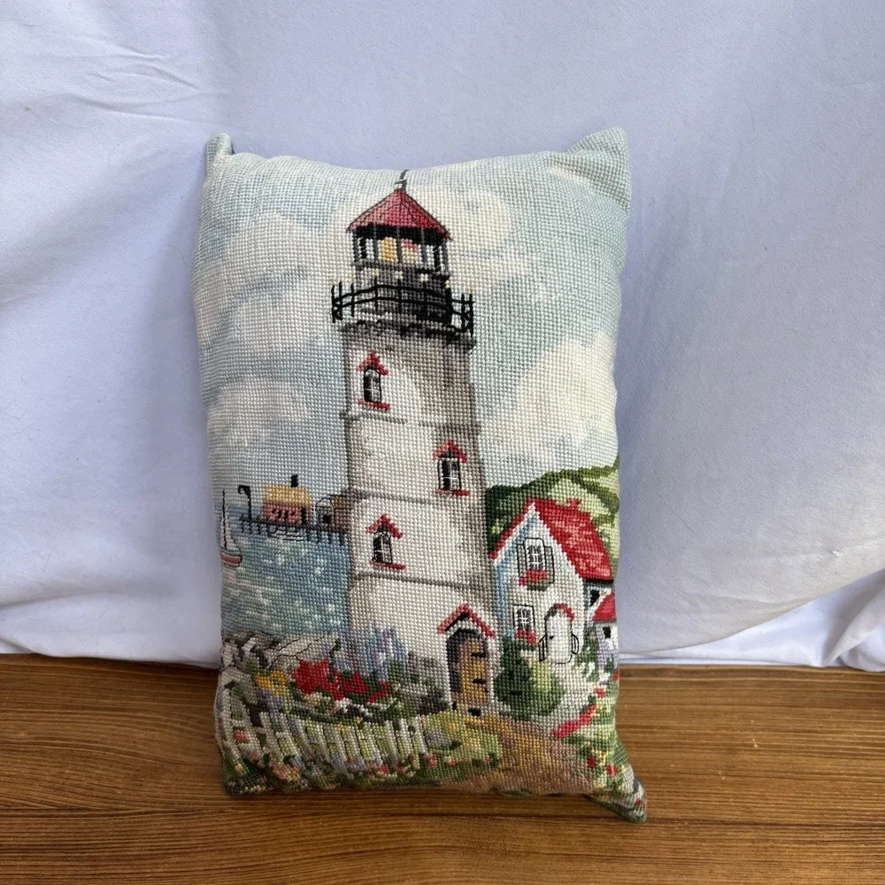 Lighthouse Needlepoint Throw Pillow Coastal Nautical Tapestry Decorative Cushion
